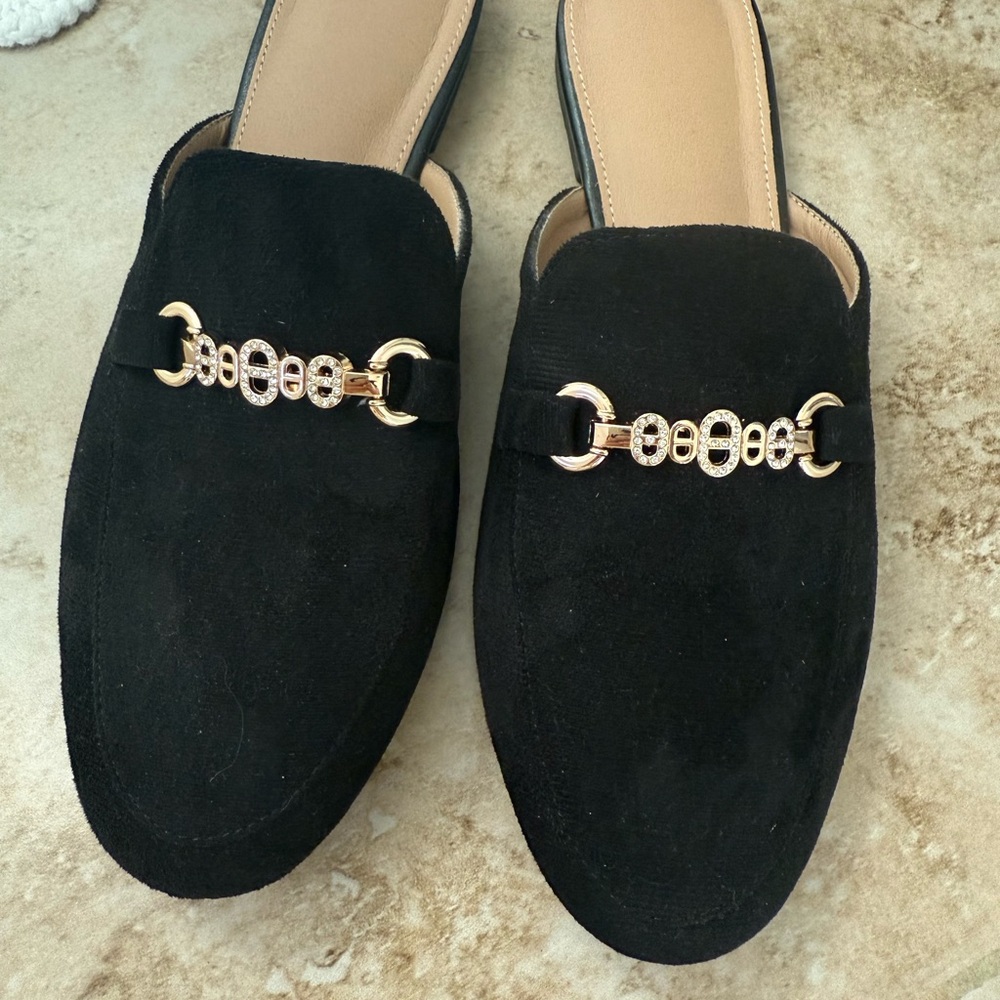 Black Suede Mule Loafers with Gold Chain Detail - Picture 3 of 10